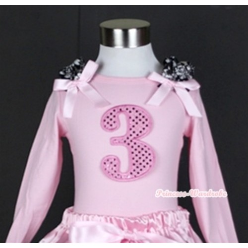 Light Pink Long Sleeves Top with 3rd Sparkle Light Pink Birthday Number Print With Damask Ruffles & Light Pink Bow TW323 